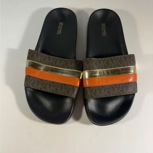 Women MK Michael Kors Flat Slide Sandals MK Logo Brown Stripes Size 7